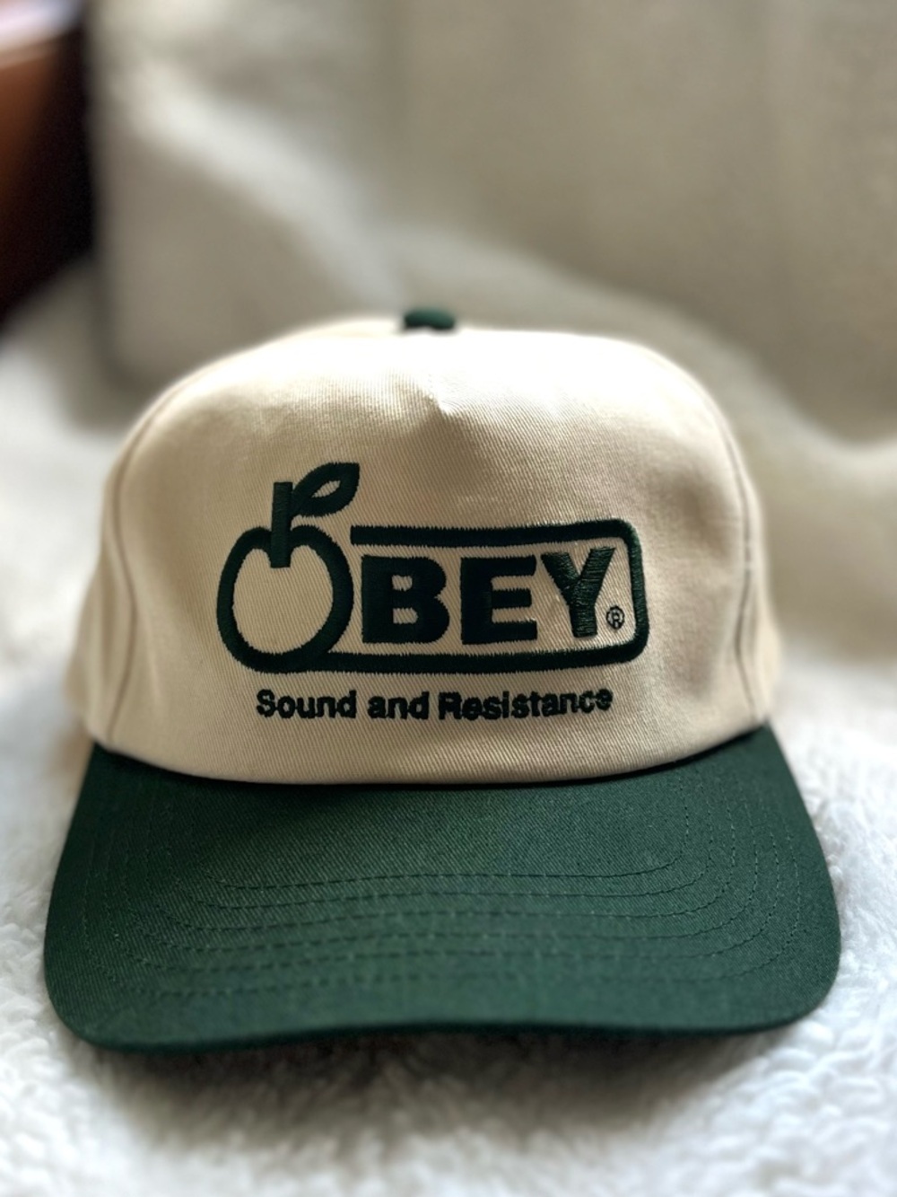 Obey Cream Snapback Hat with Dark Green Trim
